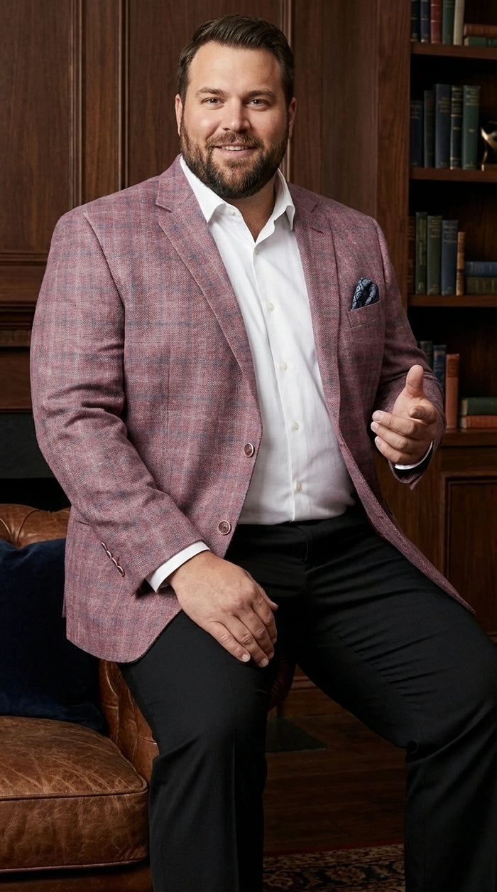 Mens Dusty Rose Mauve Pink with Tint of Blue Plaid Sport Coat Blazer – Classic Check Pattern Casual Blazer Jacket for Business Casual, Wedding