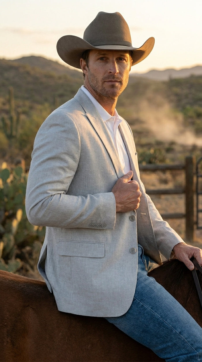 Men’s Very Light Grey - Linen Western Cowboy Blazer, Formal Sport Coat for Weddings, Parties, Country Events, and Casual Dress Wear in Ice Ash Color
