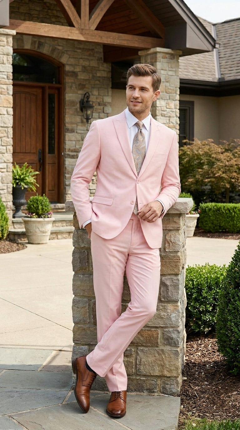 Men’s Light Pink 2 Piece Suit, Formal Dress Suit for Weddings, Prom, Parties, Summer Events Slim Fitted By Vitali Peach / 40 Short Jacket+34 Waist