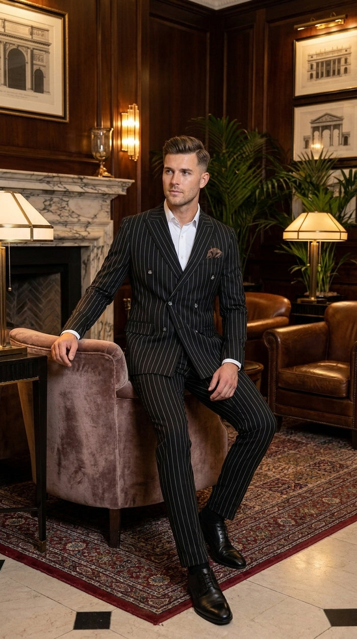 Men's Black Pinstripe Tuxedo Suit – Classic  and 1920s Gangster Formal Wear Vintage 1940s 1930s Look