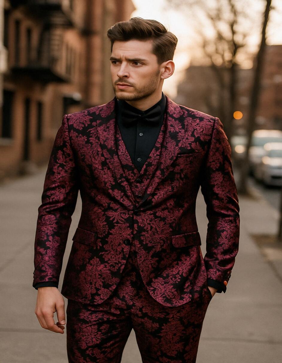 Black & Deep Pink Floral Slim Tuxedo Set