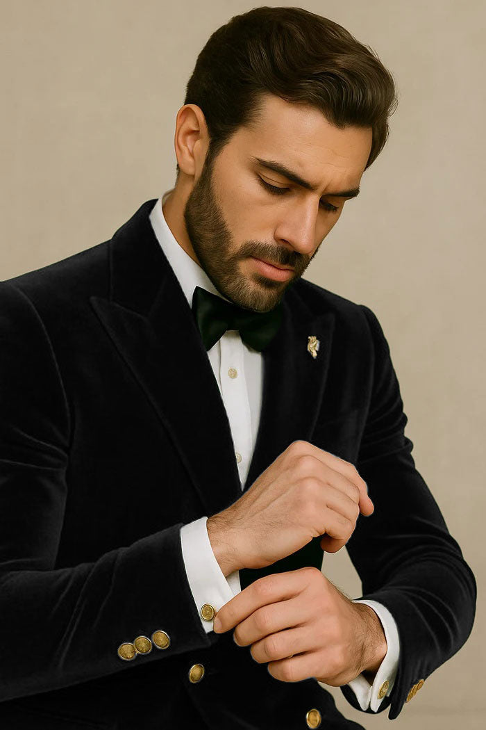 Mens Velvet Suit - Slim Fit Double Breasted Suit Blazer and Pants - Green