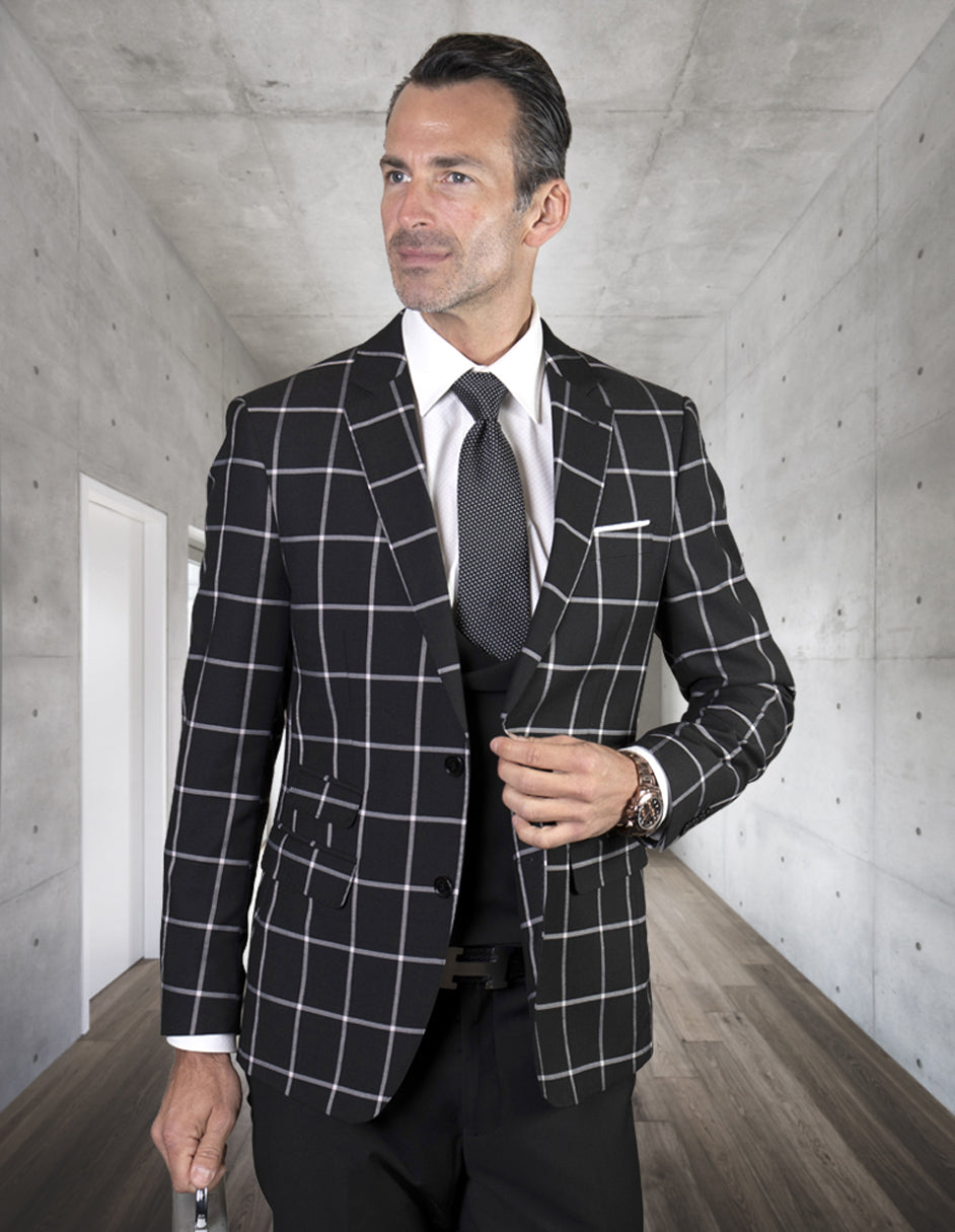 Mens Black Plaid Suit with Low Cut Vest