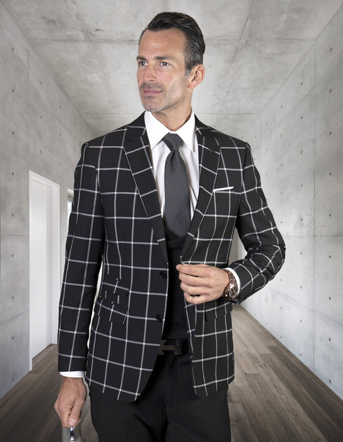 Mens Black Plaid Suit with Low Cut Vest