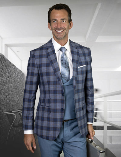 Indigo Plaid 2 Button Suit with Vest for Men