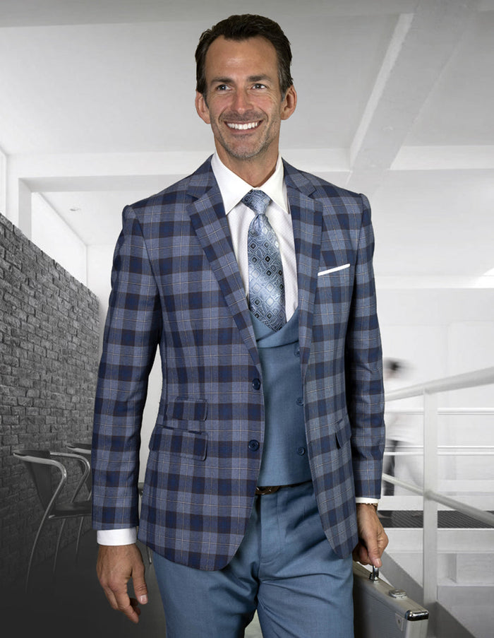 Indigo Plaid 2 Button Suit with Vest for Men