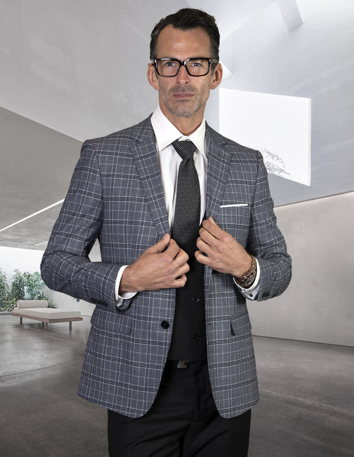 Mens 2 Button Suit, Low Cut Vest - Black Mini Plaid