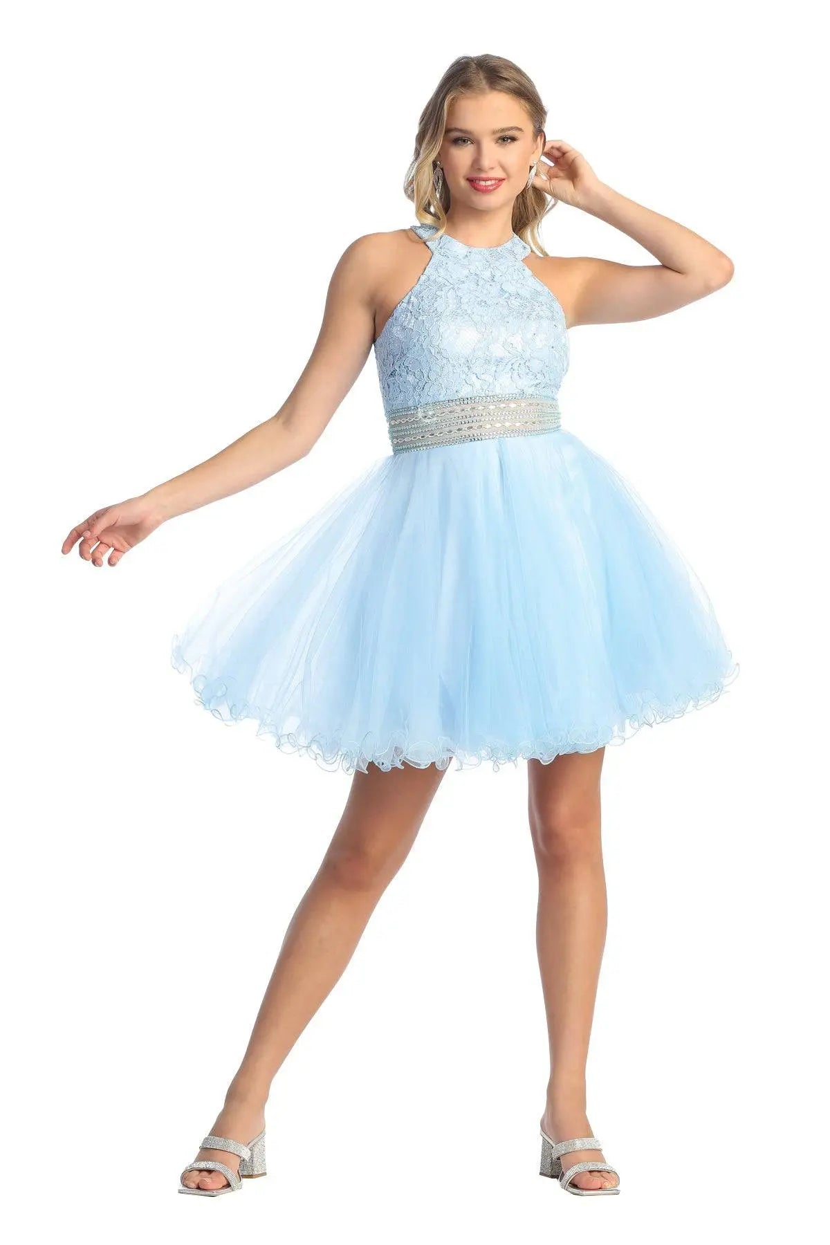 Cindy Collection 1447 Short Halter Lace Bodice Tulle Dress with Stone Belt