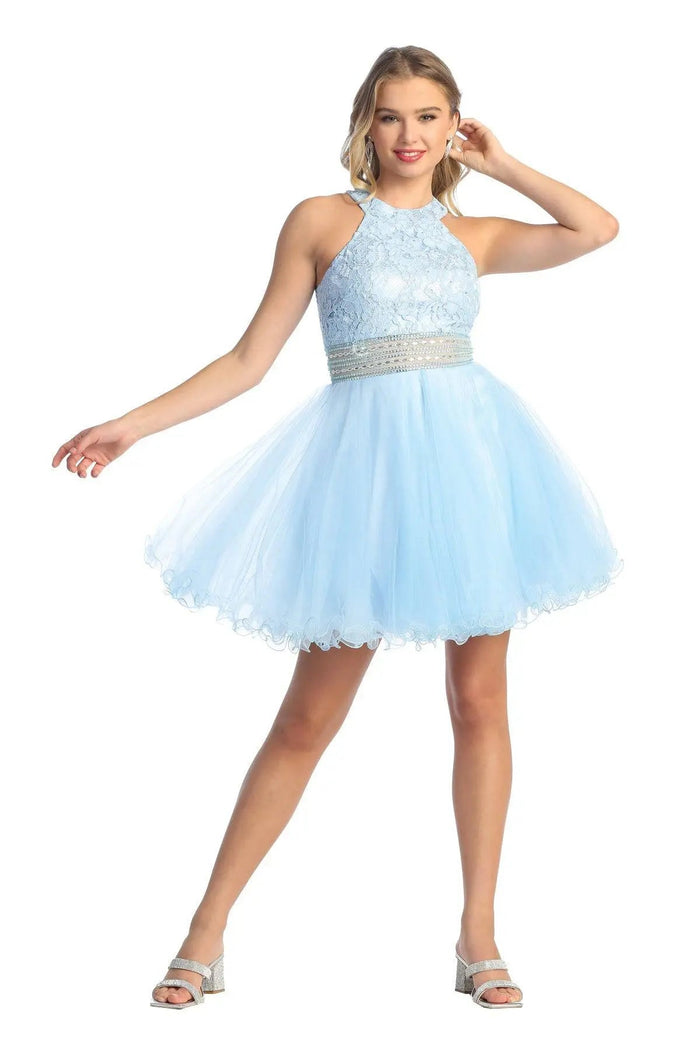 Cindy Collection 1447 Short Halter Lace Bodice Tulle Dress with Stone Belt