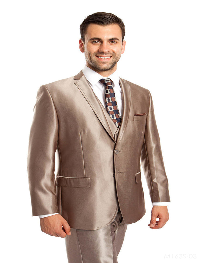 Tazzio Slim Champagne Sharkskin Suit with Vest