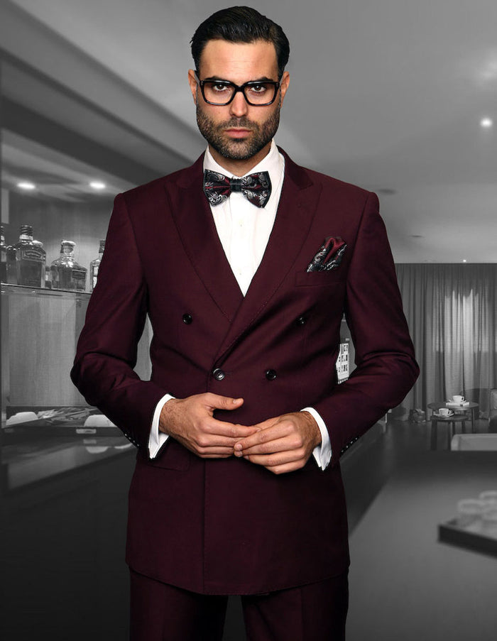 Burgundy Double Breasted Wool Suit for Men