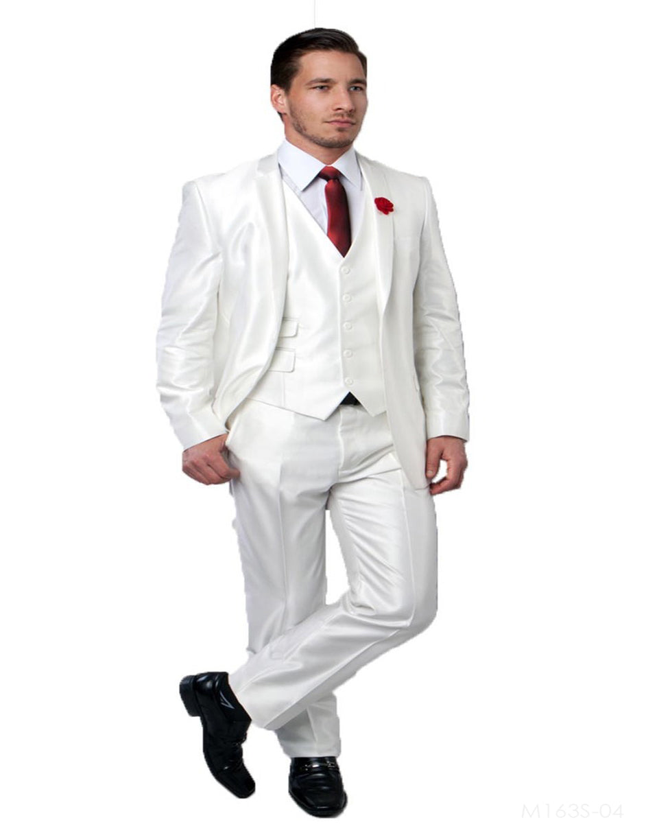 Tazio Slim Fit Vested Sharkskin Suit - White