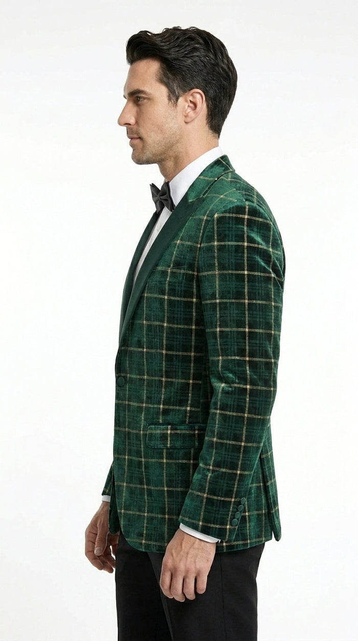 Men’s Green and Gold Plaid Christmas Holiday Blazer – Classic Check Party Jacket for New Year, Wedding and Festive New Year event