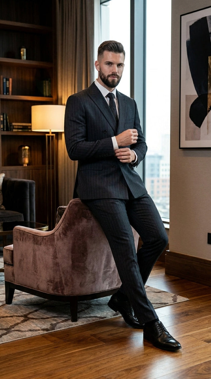 Men’s Black Pinstripe Double Breasted Suit – Classic Formal Business Suit Office and Evening Wear Modern Fit Conservative pattern