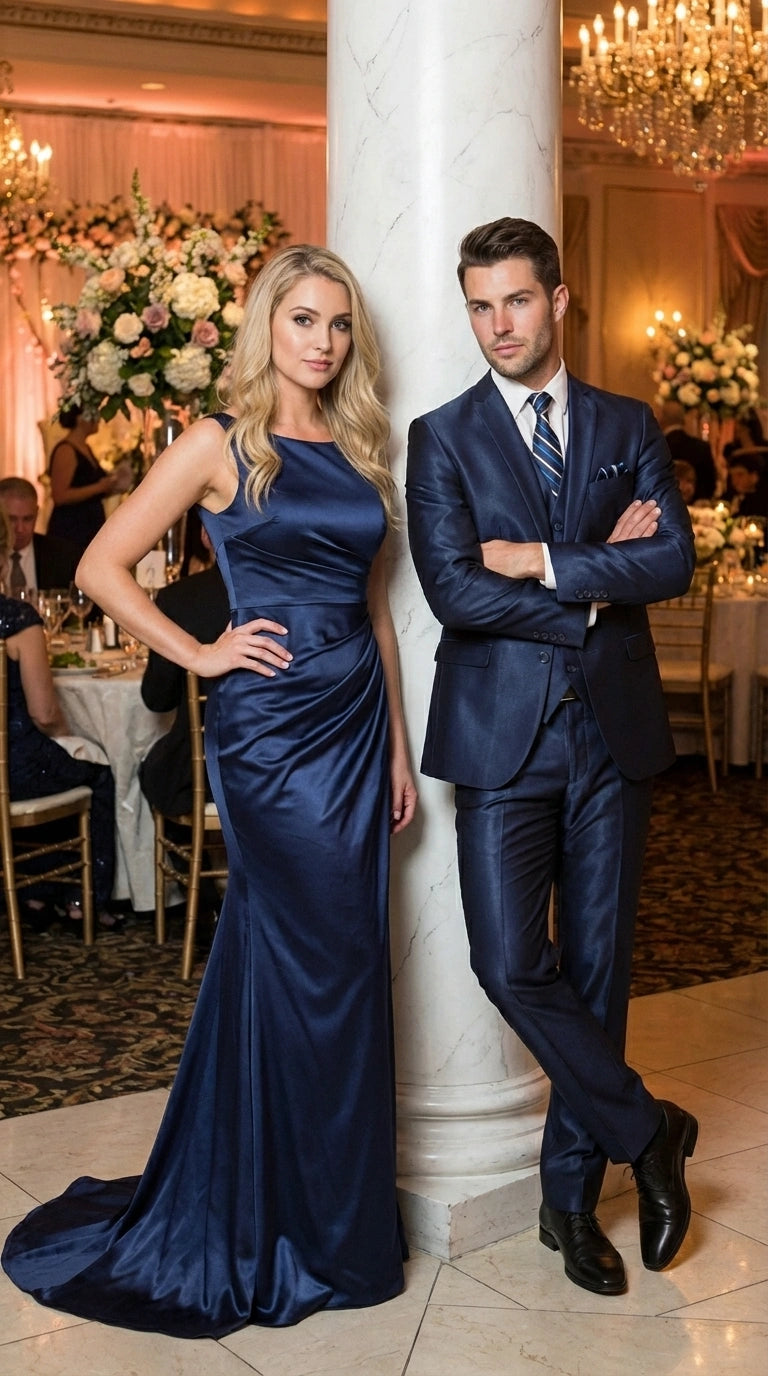 Men’s Navy Blue Sharkskin 3 Piece Suit – Two Button Vested Sleek Formal Suit for Wedding, Prom, Business and Party Wear