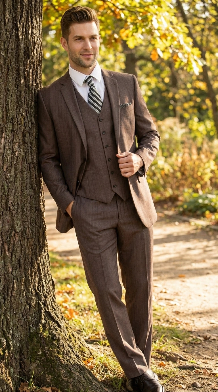 Men’s Brown Sharkskin 3 Piece Suit – Textured Two Button Vested Business Formal Suit for Wedding, Party Wear Vested