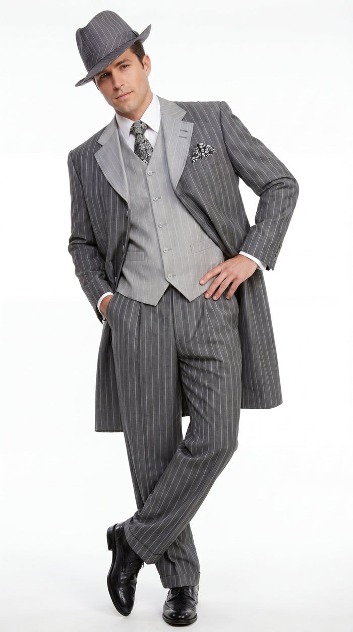Men’s Grey Pinstripe Zoot Suit 3 Piece – 1920s Gangster Vintage Wide Lapel Suit with Vest for Wedding, Party
