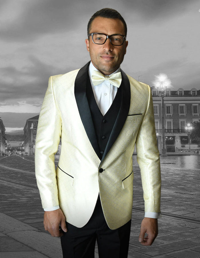 Ivory Geometric Print Shawl Tuxedo for Men