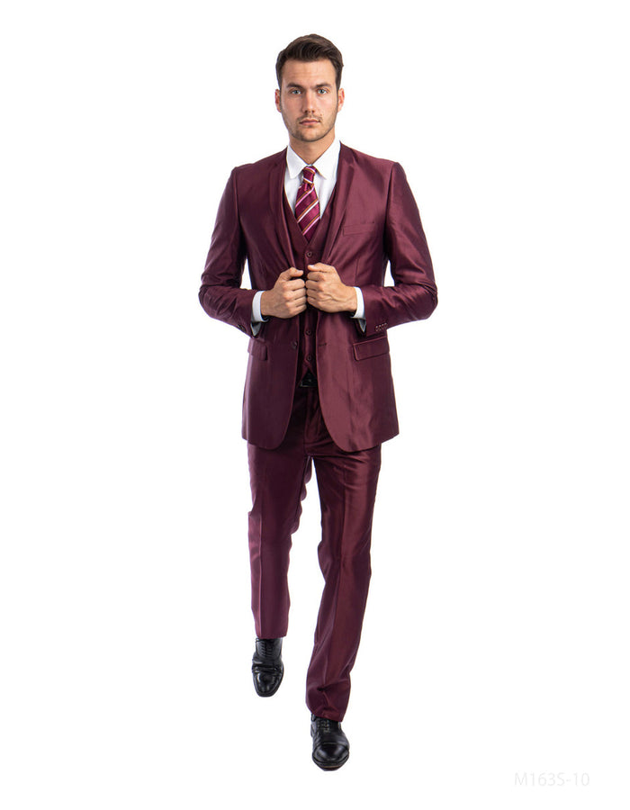 Mens Tazzio Shiny Sharkskin Burgundy Slim Suit
