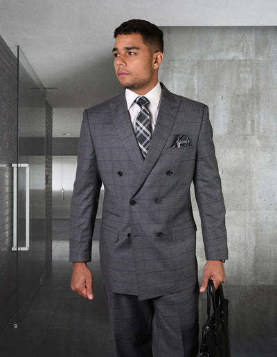 Charcoal Grey Windowpane Double Breasted Suit