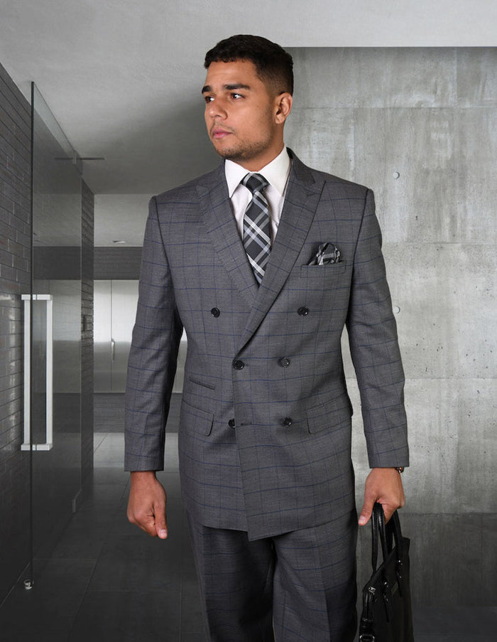 Charcoal Grey Windowpane Double Breasted Suit