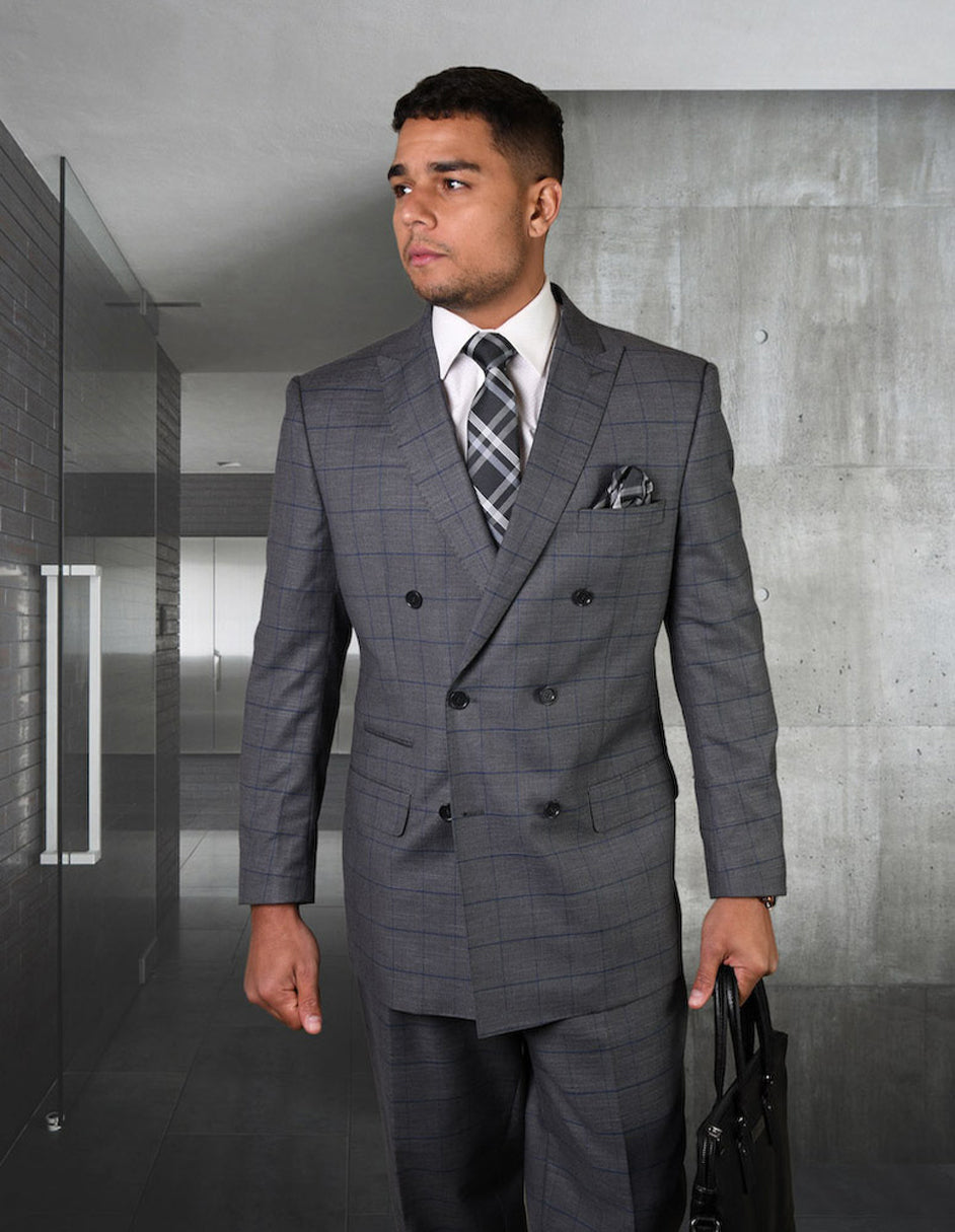 Charcoal Grey Windowpane Double Breasted Suit