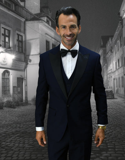 Navy Wool Tuxedo with Peak Lapel & Vest