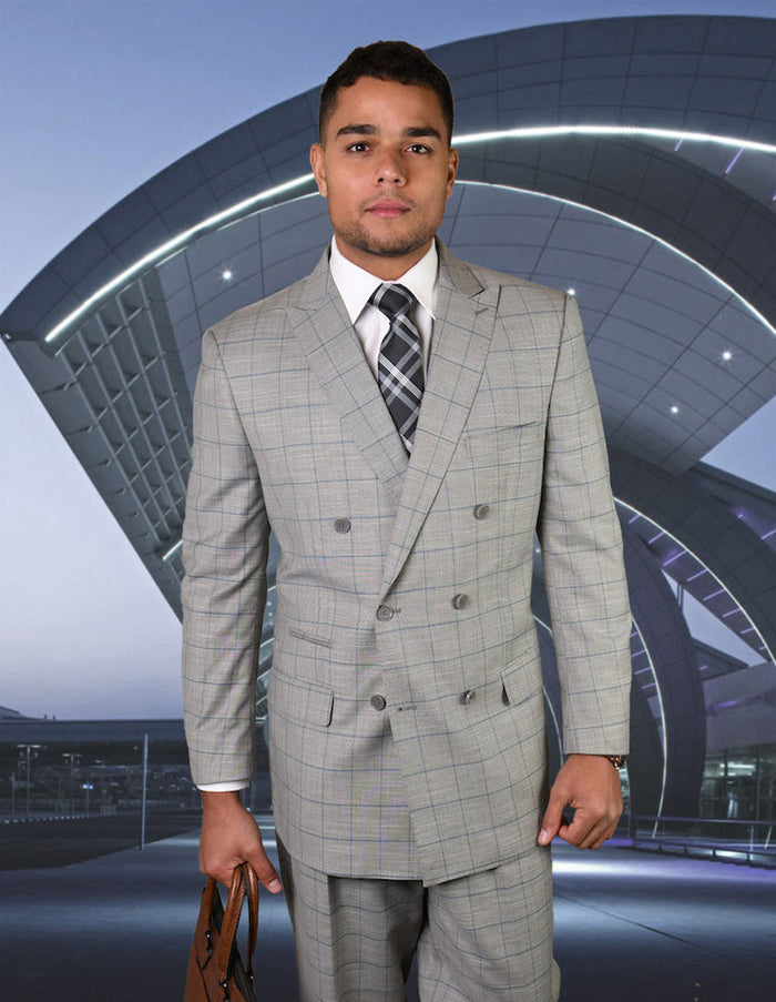 Grey Windowpane Double Breasted Wool Suit