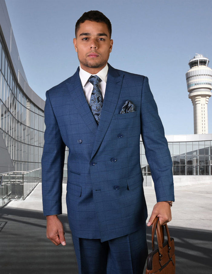 Indigo Windowpane Double Breasted Wool Suit