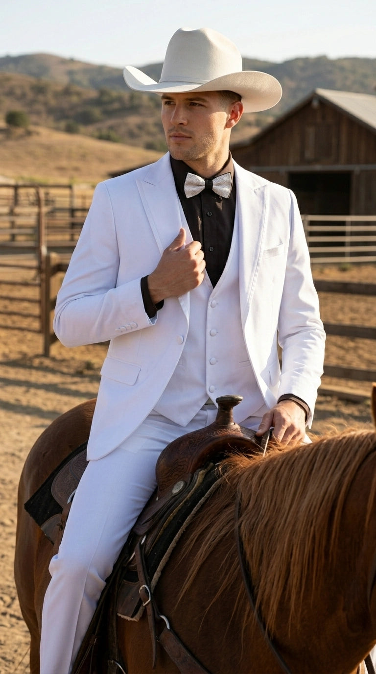 Men’s White Western Cowboy 3 Piece Tuxedo Suit, Formal Wedding Prom Gr