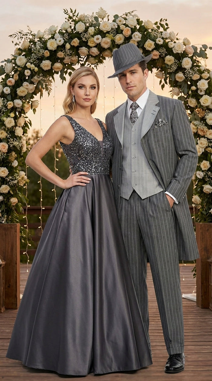 Men’s Grey Pinstripe Zoot Suit 3 Piece – 1920s Gangster Vintage Wide Lapel Suit with Vest for Wedding, Party