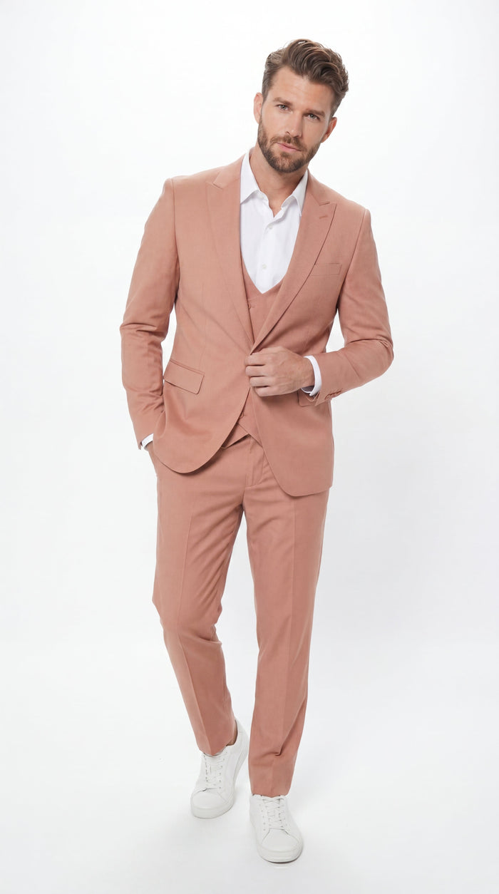 Men’s Peach Light Brown 3 Piece Suit – Wedding & Prom Formal Suit Set, Blazer Pants Double breasted vest