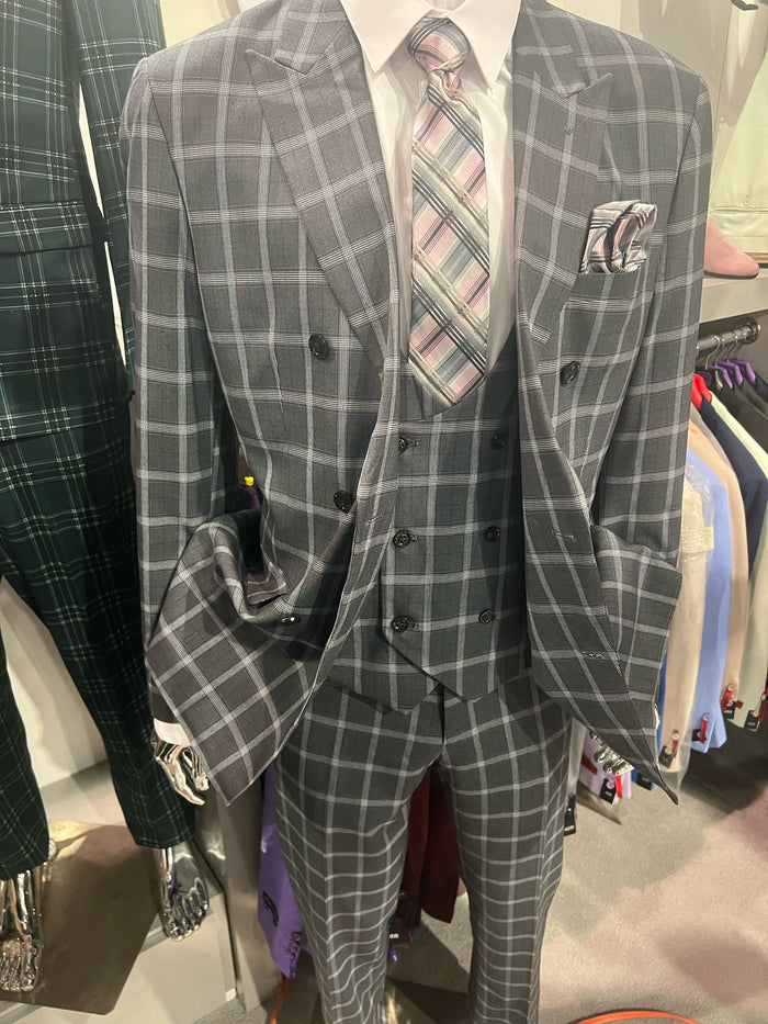 Gray Checkered Double-Breasted 3 Piece Suit - Slim Fit