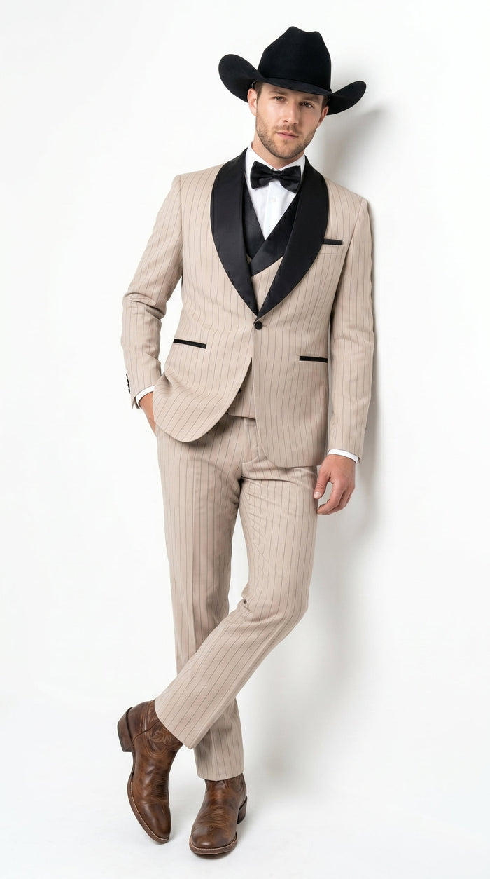Men’s Beige Pinstripe Western 3 Piece Tuxedo Suit with Black Shawl Lapel, Formal Cowboy Wedding Prom Suit in Tan Khaki Color