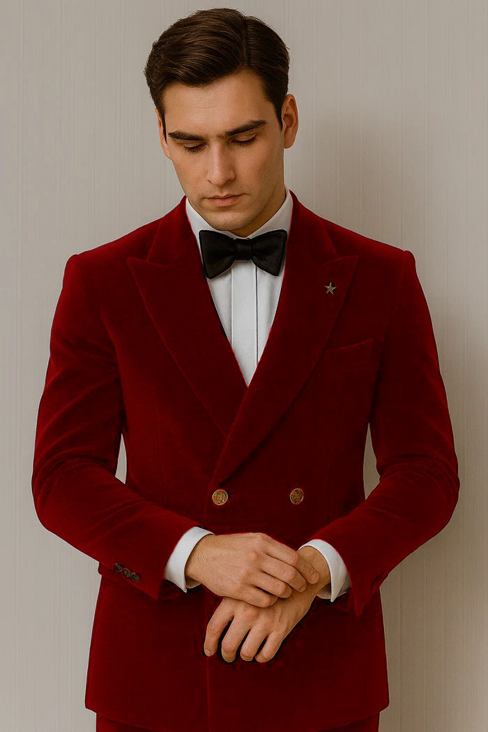 Mens Velvet Suit - Slim Fit Double Breasted Suit Blazer and Pants - Green