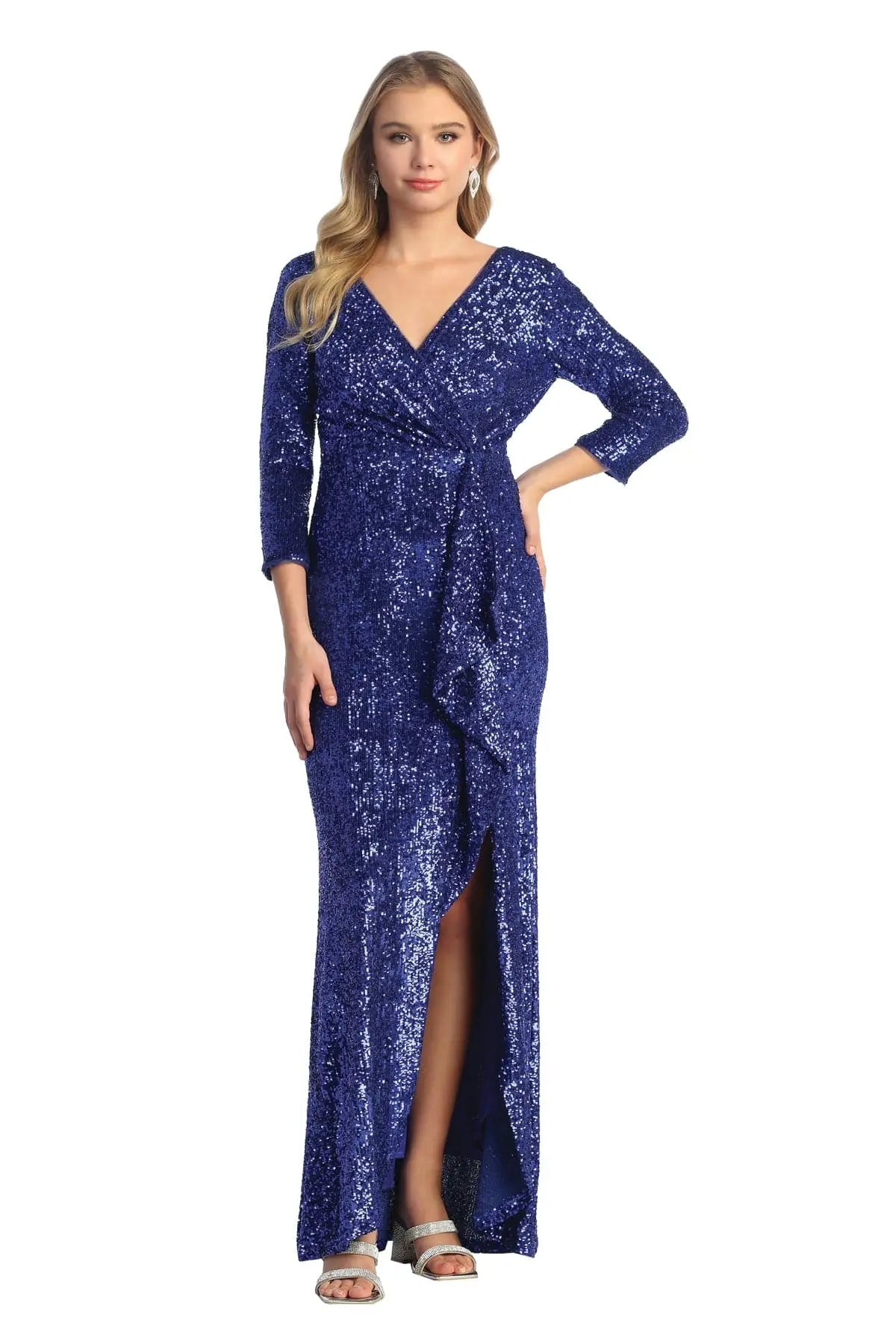Cindy Collection 1752 Sequin Full-Covered Shimmer Dress with 3/4 Sleeves