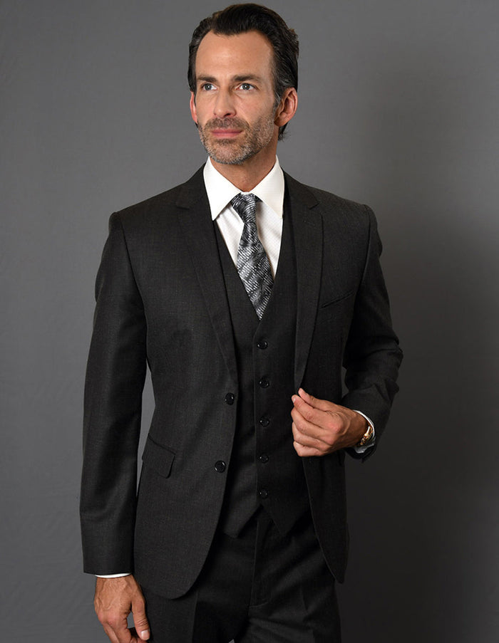 2 Button Slim Fit Black Textured Suit with Vest