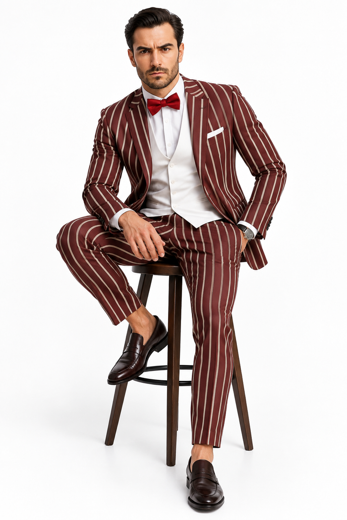 1920s Mens Burgundy Pinstripe Gangster Suit