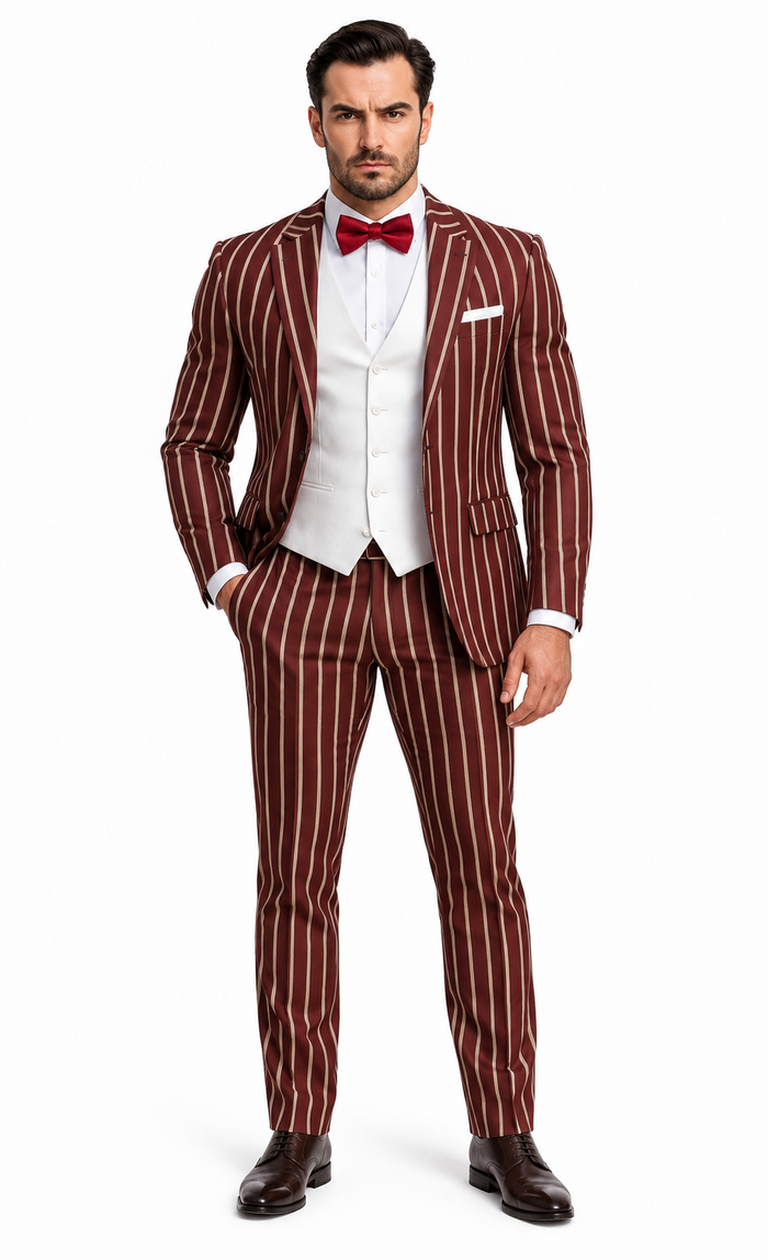 1920s Mens Burgundy Pinstripe Gangster Suit