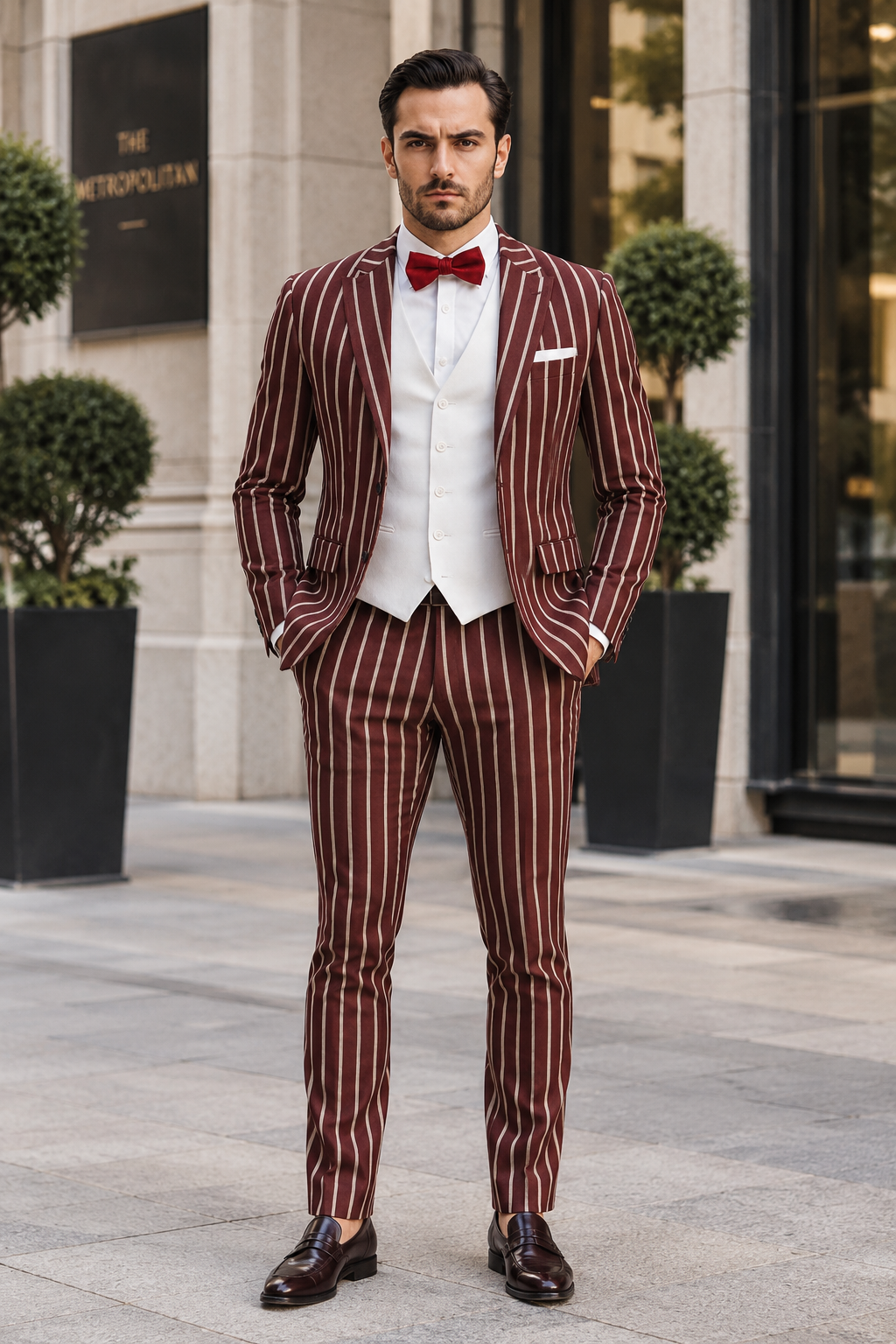 1920s Mens Burgundy Pinstripe Gangster Suit