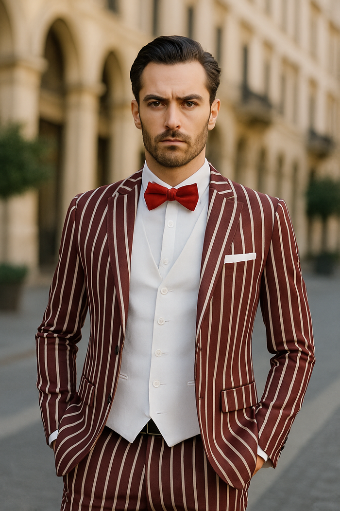 1920s Mens Burgundy Pinstripe Gangster Suit