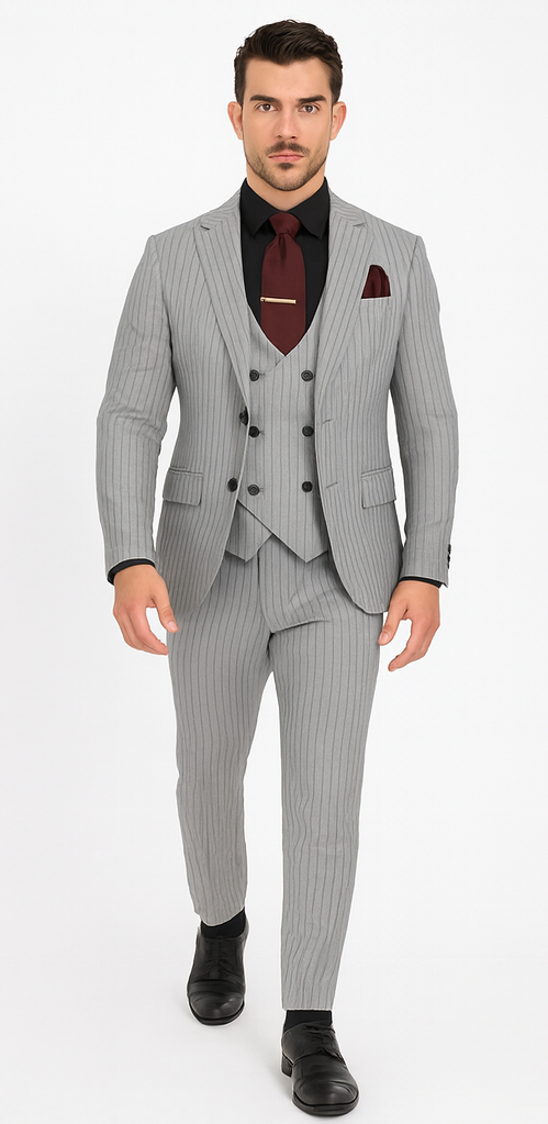 1920s Mint Grey And Black Pinstripe Suit - Vested Stripe Gangster Suit - SAM371SK-01