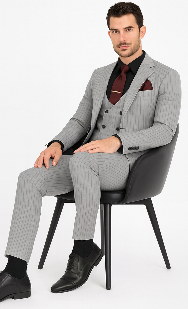1920s Mint Grey And Black Pinstripe Suit - Vested Stripe Gangster Suit - SAM371SK-01