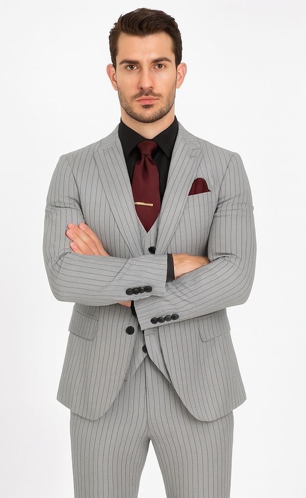 1920s Mint Grey And Black Pinstripe Suit - Vested Stripe Gangster Suit - SAM371SK-01