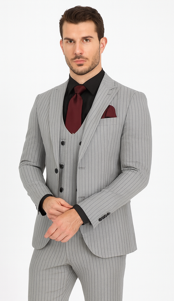 1920s Mint Grey And Black Pinstripe Suit - Vested Stripe Gangster Suit - SAM371SK-01