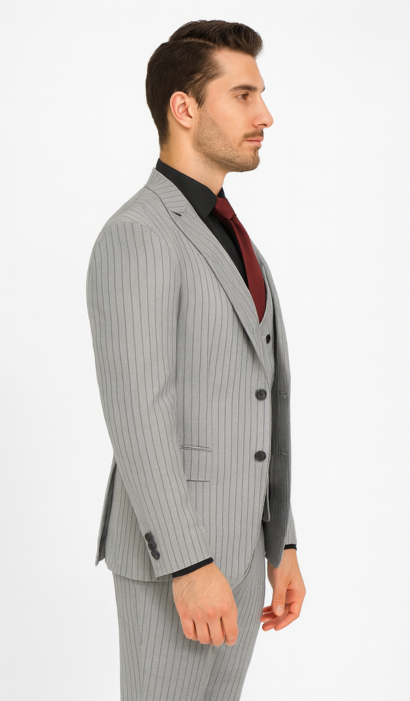 1920s Mint Grey And Black Pinstripe Suit - Vested Stripe Gangster Suit - SAM371SK-01