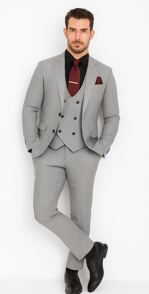 1920s Mint Grey And Black Pinstripe Suit - Vested Stripe Gangster Suit - SAM371SK-01