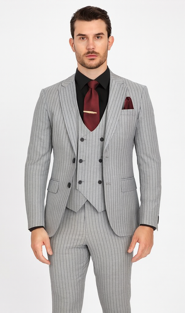 1920s Mint Grey And Black Pinstripe Suit - Vested Stripe Gangster Suit - SAM371SK-01