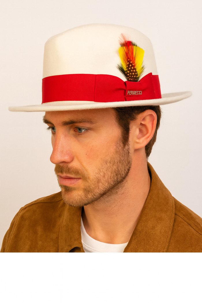 1920s White and Red Fedora – Men’s Classic Wool Dress Hat