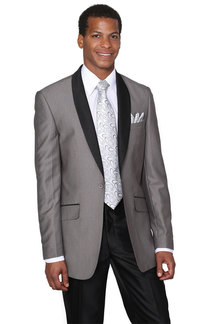 Men’s Grey Tuxedo Jacket with Black Shawl Lapel, 1 Button Formal Wedding Prom Blazer